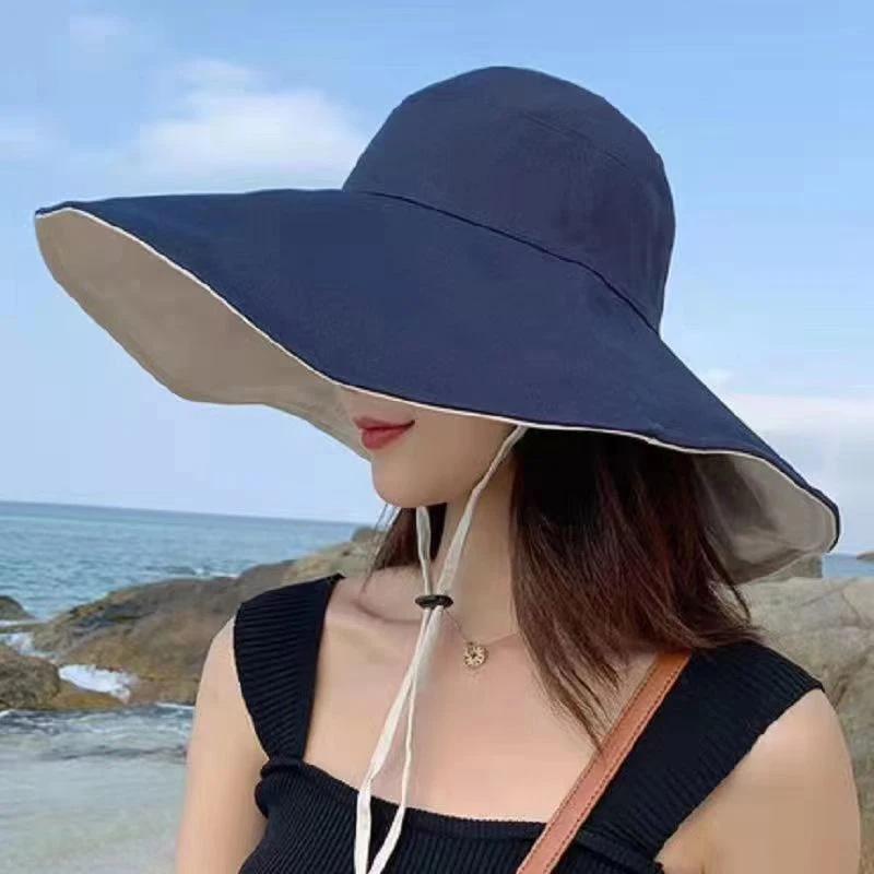 Wide Brim Sun Hat Women Anti-UV Protection Hiking Fisherman Cap Fold Summer Solid Beach Hat Double Sided Sun Hat