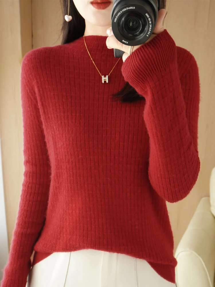 Women Basic 100% Merino Wool Sweater Mock Neck Pullover Long Sleeve Autumn Winter Solid  Cashmere Knitted Female Clothing