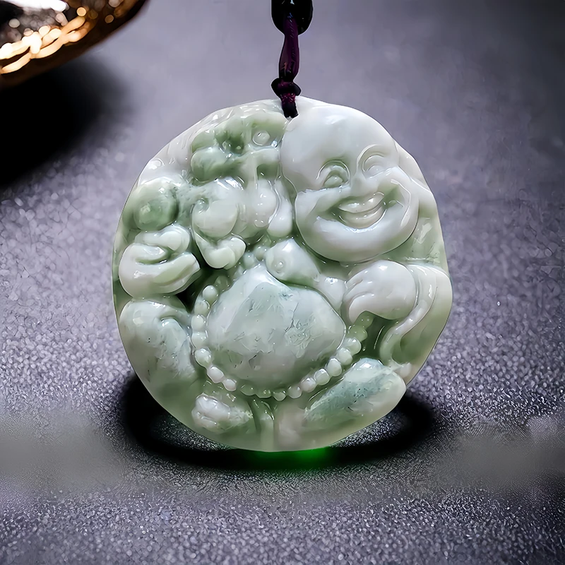 Green Natural Real Jade Maitreya Buddha Pendant Necklace Chinese Luxury Vintage Amulet Accessories Charm Carved Jewelry Gift