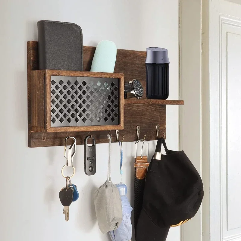 Wooden mail rack on the wall, entrance key hook, living room decoration, wall storage rack, solid wood hanging rack