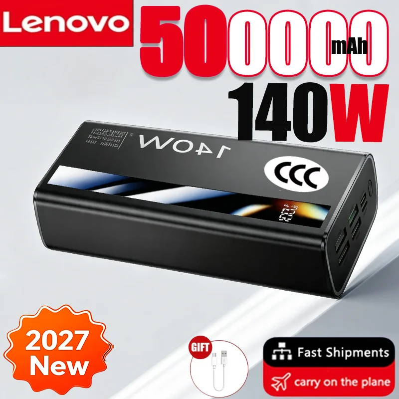 Lenovo 500000mAh CCC Portable Powerbank 140W Super Fast Charging Spare Battery Charger Ultra Capacity LED Digital Display 2027