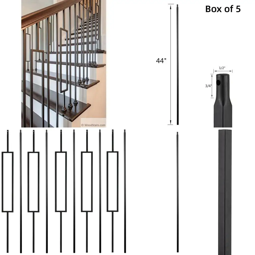 

5-Pack Decorative Wrought Iron Balusters - Half-Inch Hollow Spindles for Deck Railing in Satin Black Finish