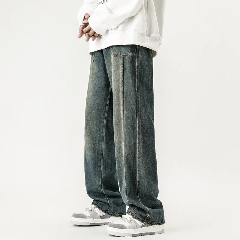 American fashion patchwork design jeans for men\'s autumn and winter straight high street pants wide leg jeans cargo pants men