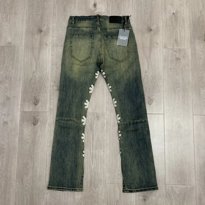 Mini Bell-bottoms LOST SHDWS Jeans Men Women High Quality Embroidery Floral  American Casual Denim Pants Trousers Leather Tag