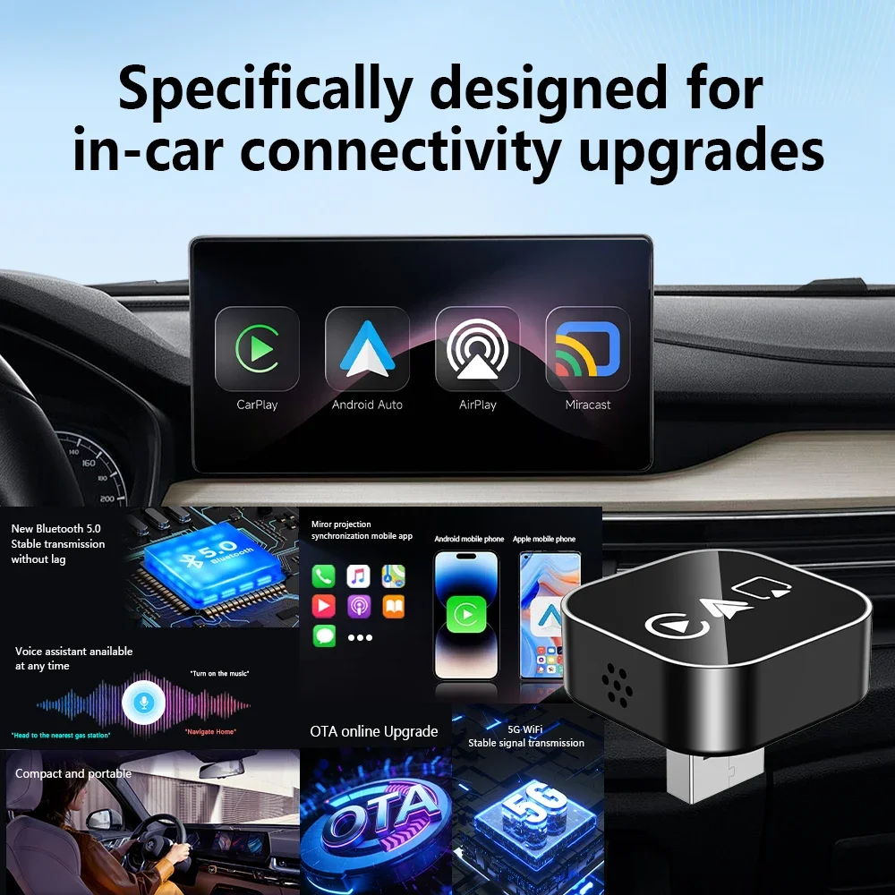อะแดปเตอร์บลูทูธแบบมีสายเป็นไร้สาย 4-in-1 รองรับ CarPlay, Android Auto, AirPlay และ Mirror Link สำหรับ Audi, Benz, Toyota, VW, Nissan, Volvo