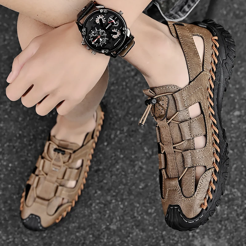 Summer Fashion New Handmade Cowhide Breathable Sandals Brand Outdoor Comfortable Leisure Sports Anti Slip Knitted Leather Shoes