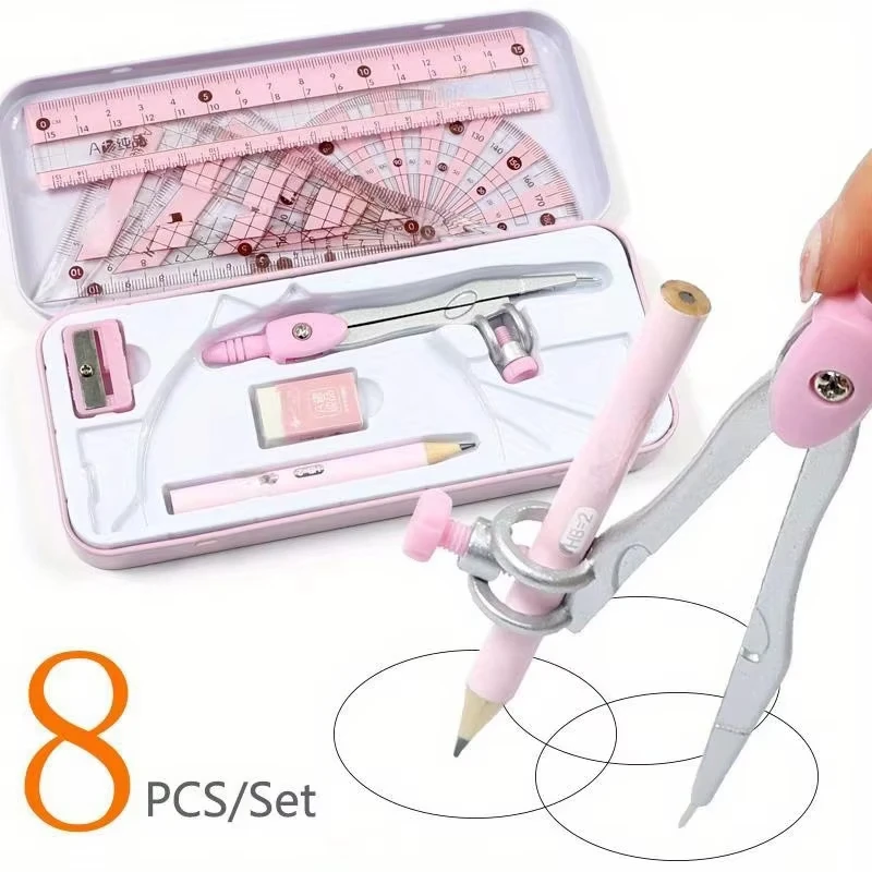 Ensemble de 8 pièces de matériel de dessin géométrique, règle, compas, crayons pour étudiants, fournitures scolaires, c…
