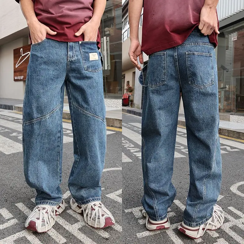 New Fashion Jeans Men Straight Leg Spliced Denim Pants Spring Male's Vintage Blue Pants