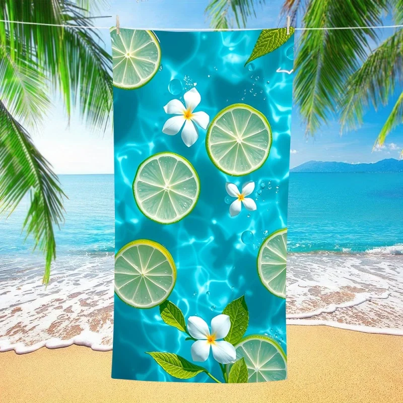 Lime Slice Plumeria Ocean Water Print Beach Towel Sandproof  Fast Absorb Towel Summer Holiday Swimming Pool Accessory