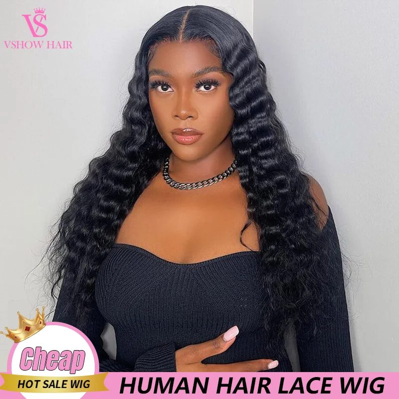 

VSHOW Loose Deep Wave Wigs 13x4 HD Transparent Lace Frontal Human Hair Wigs Pre Plucked Brazilian Deep Curly Lace Front Wigs