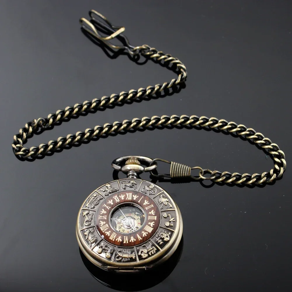 Hollow Bronze Steampunk Pendant for Men Women Hand Winding Mechanical Pocket Watch Roman Numerals Skeleton Watches FOB Chain