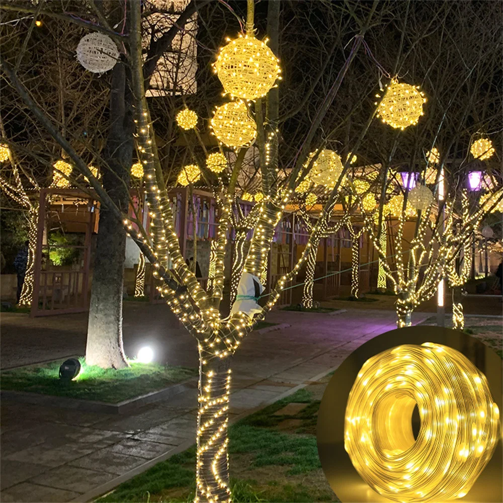 Leather LED Solar and USB Charge String Fairy Lights 100M Christmas Lights Waterproof Outdoor Garland High-Power