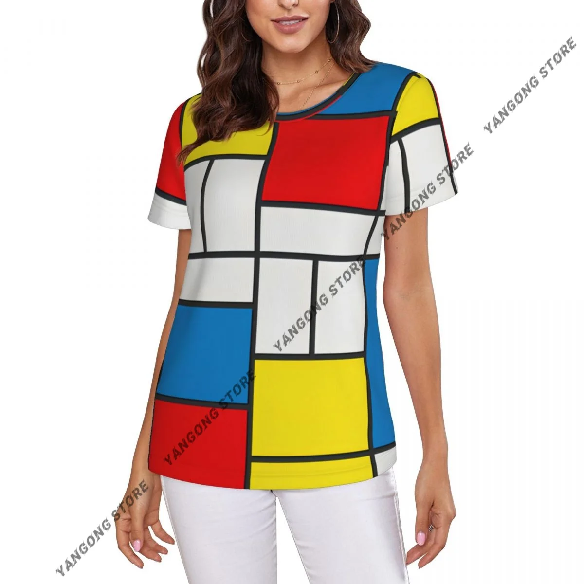 Women Short Sleeve Top Piet Mondrian Abstract Cubes T-shirt Fashion Summer Female Tops Loose Round Neck T Shirt