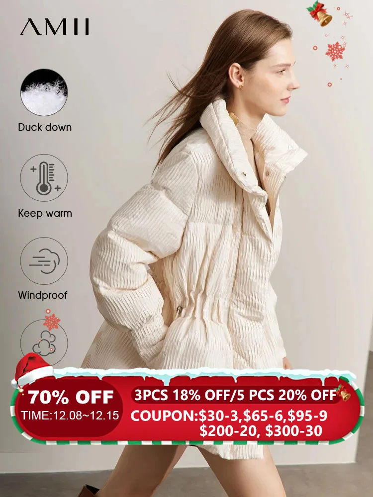 AMII Minimalist Duck Down Puffer Coat Women Winter 2023 Lightweight Stand Collar Lapel Warm Outerwear New Jackets 12344052