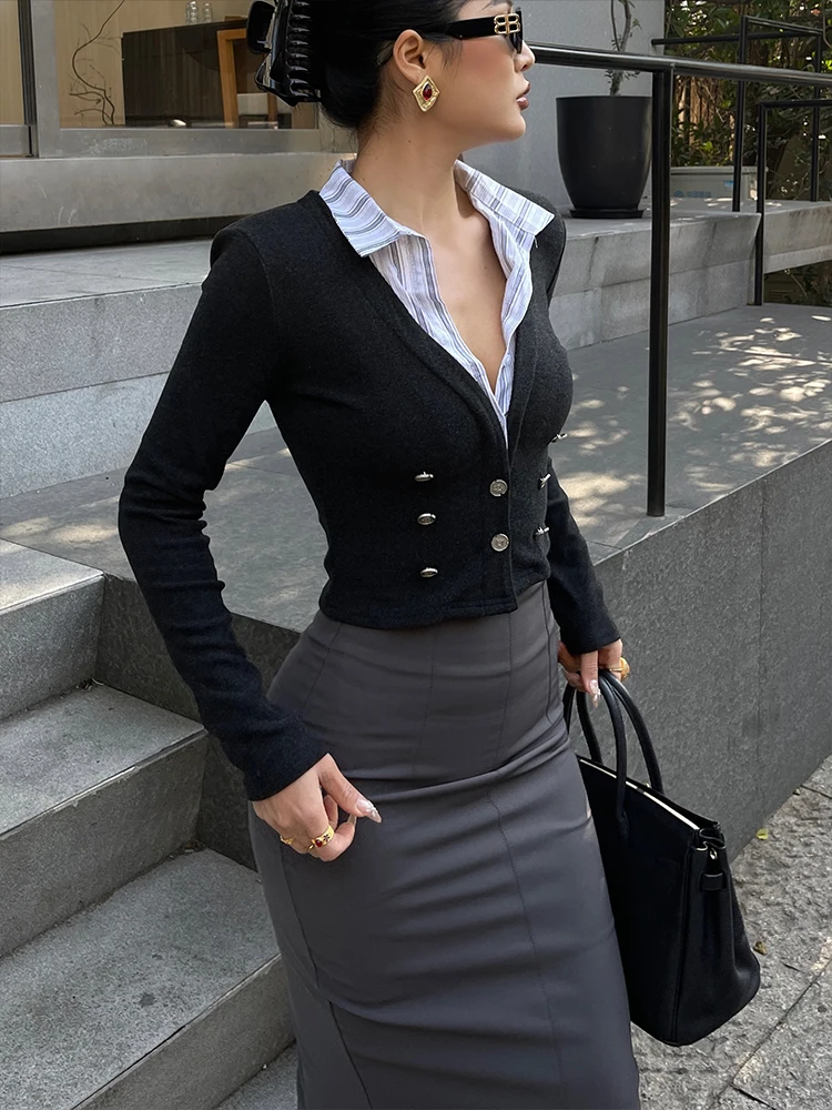 เสื้อยืดแฟชั่นผู้หญิง Yedinas สไตล์หรูหรา แขนยาว ปกพับได้ เหมาะสำหรับใส่ทำงาน ฤดูใบไม้ร่วง เสื้อยืดลำลอง สไตล์ชิค