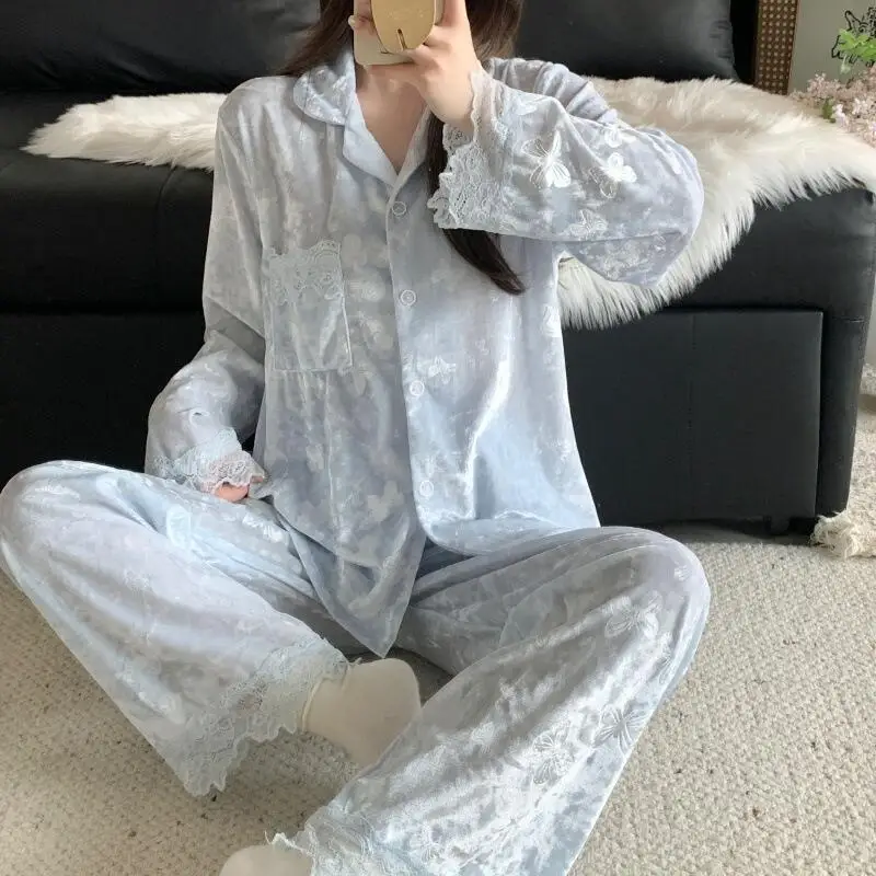 

Hot 2026 Women Autumn Winter Lace Long Sleeved Fashion Comfort Pajamas Two Piece Set Korean Version Casual Temperament Home Suit