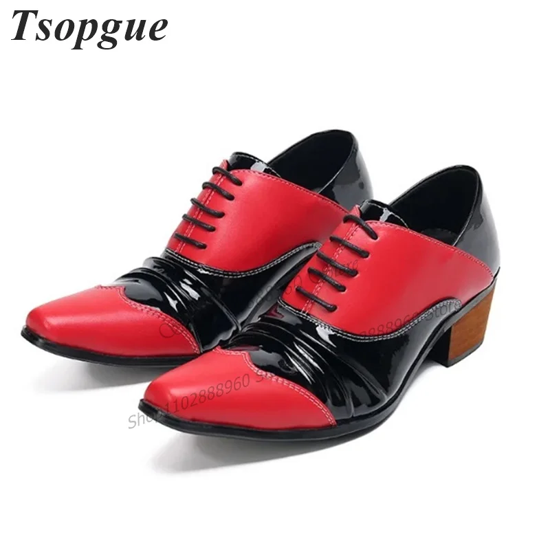 

Cross-Tied Mixed Color Leather Pleated Men Shoes Men's Pumps Thick Heel Business Runway Casual Party Shoes 2023 Zapatillas Mujer