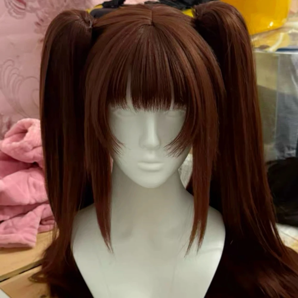 Nekopara Cosplay Wig Chocolate Style Wig with Detachable Double Ponytail Clips Heat Resistant Synthetic Fiber Wig with Rose Net