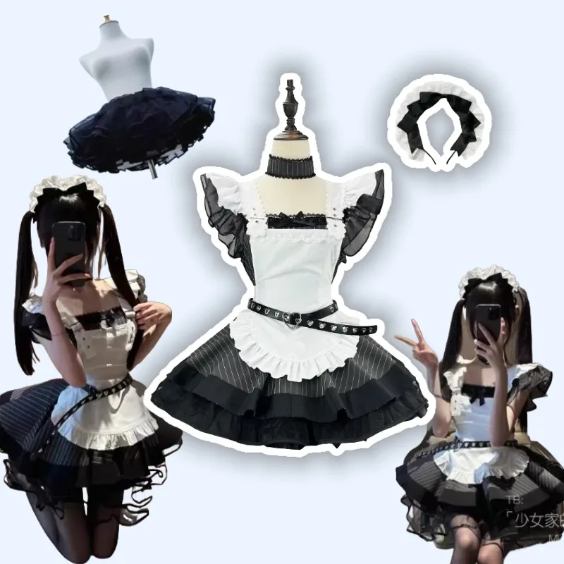 

New Retro Black White Striped Lolita Maid Cosplay Sweet Cool Harajuku Y2k Dress Apron Set for Women Girl Party Dresses Plus Size