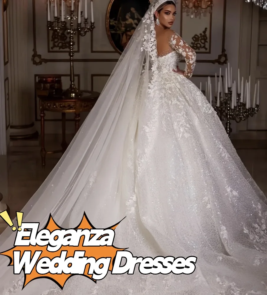 فساتين زفاف أنيقة مخصصة بأكمام طويلة وخرز ترتر ورقبة شفافة مزينة بريق تول فساتين العروس