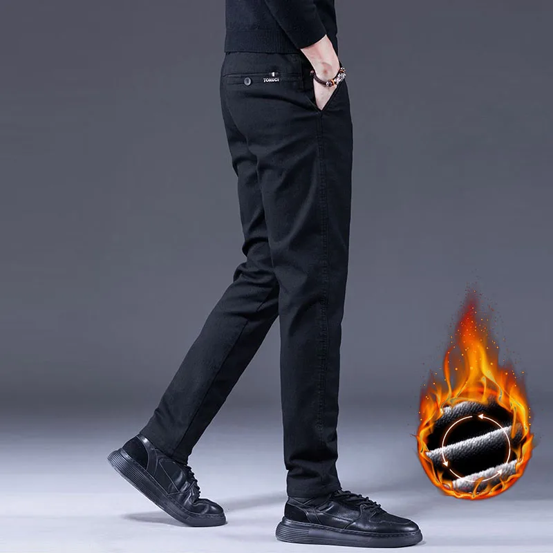 Veludo quente dos homens de negócios calças casuais inverno nova moda fino ajuste clássico cor sólida calças alta qualidade roupas marca masculina