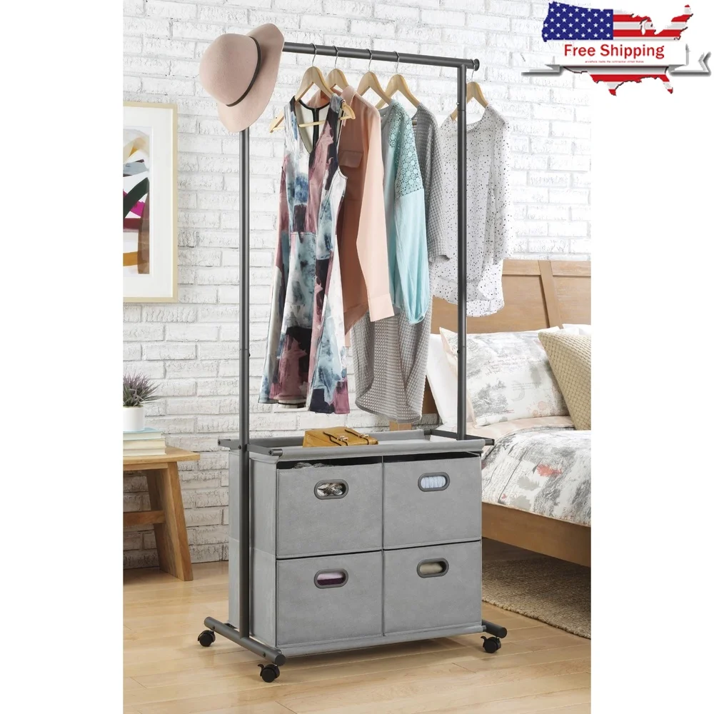 

4-Drawer Rolling Garment Rack Closet Organizer Portable Storage Unit with Hanging Bar Fabric Drawers Clothes Accessories Shoes