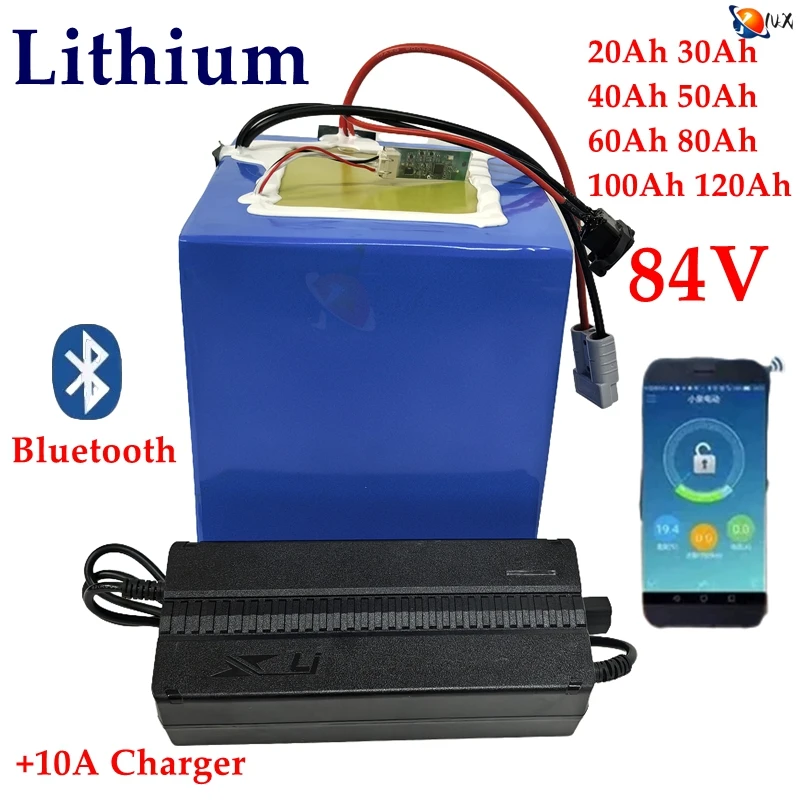 YNX 84v 50Ah 30Ah lithium ion battery 100Ah 84V 60Ah 80Ah bluetooth APP BMS for 5000w motorcycle Floor golf cart + 10A charger