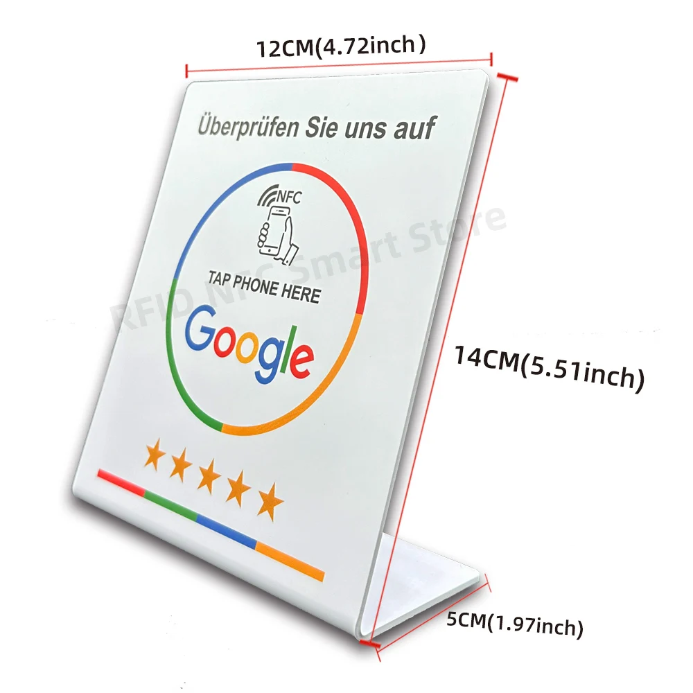 NFC Tap-Karten-Ständer Deutsch Französisch Spanisch Englisch 4 Versionen Google Bewertung NFC-Ständer NFC Tischdisplay für Restaurants