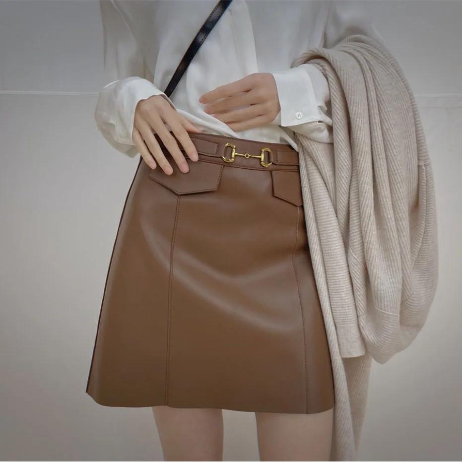 

Catwalk Show Genuine Leather Sexy Mini Skirt Women 2022 Spring Fashion High Waist Retro A-line Skirt Europe Brown