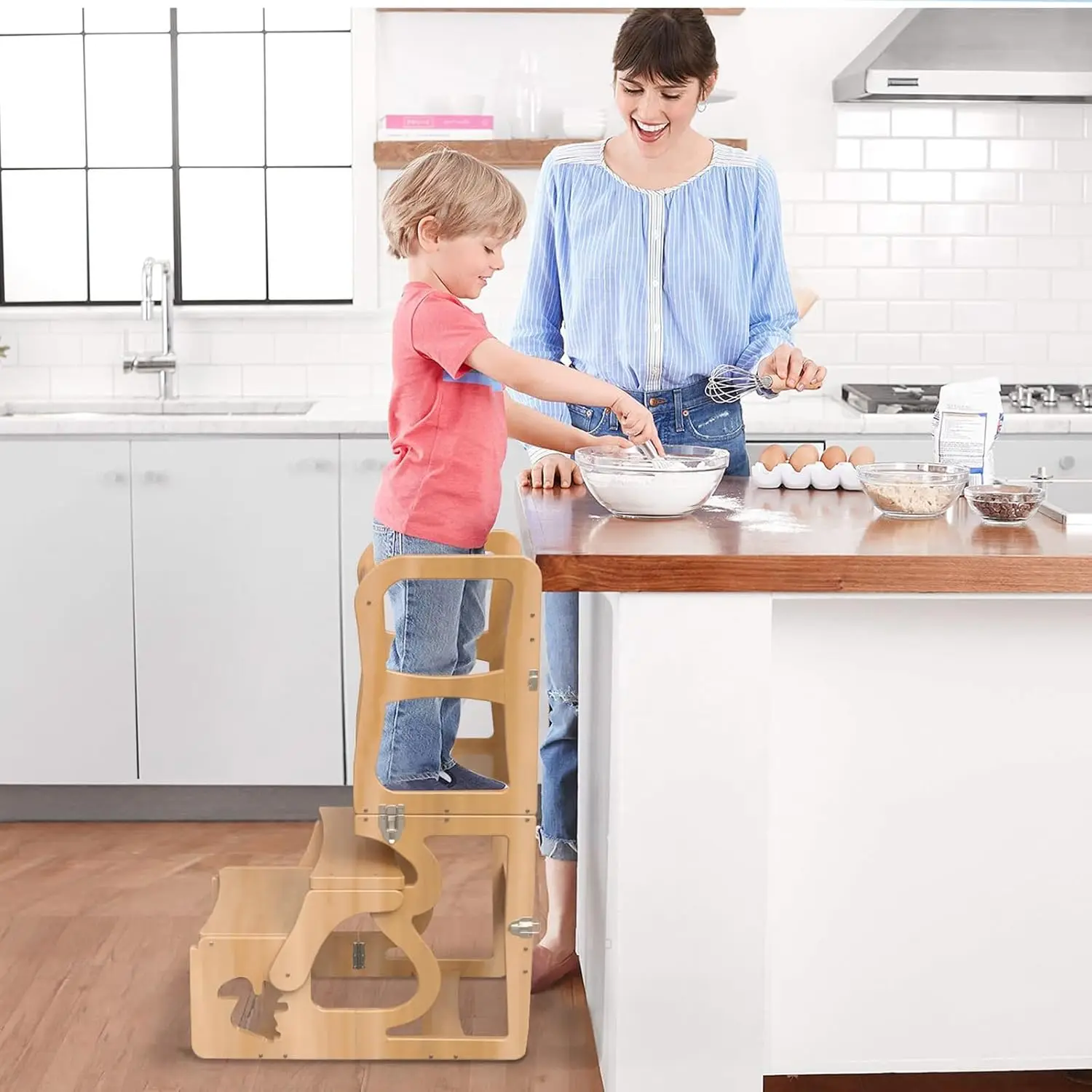 Torre de pé, banco de cozinha para crianças, ajudante-montessori com quadro-negro, banco dobrável de torre de cozinha 3 em 1 com encosto, aprendizado