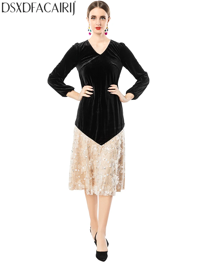 DSXDFACAIRIJ Damen-Kleid mit Perlenstickerei, V-Ausschnitt, Laternenärmel, Pailletten, Applikationen, Schnürung, Vintage, gespleißt, Samtkleid, modisch, Herbst, weiblich