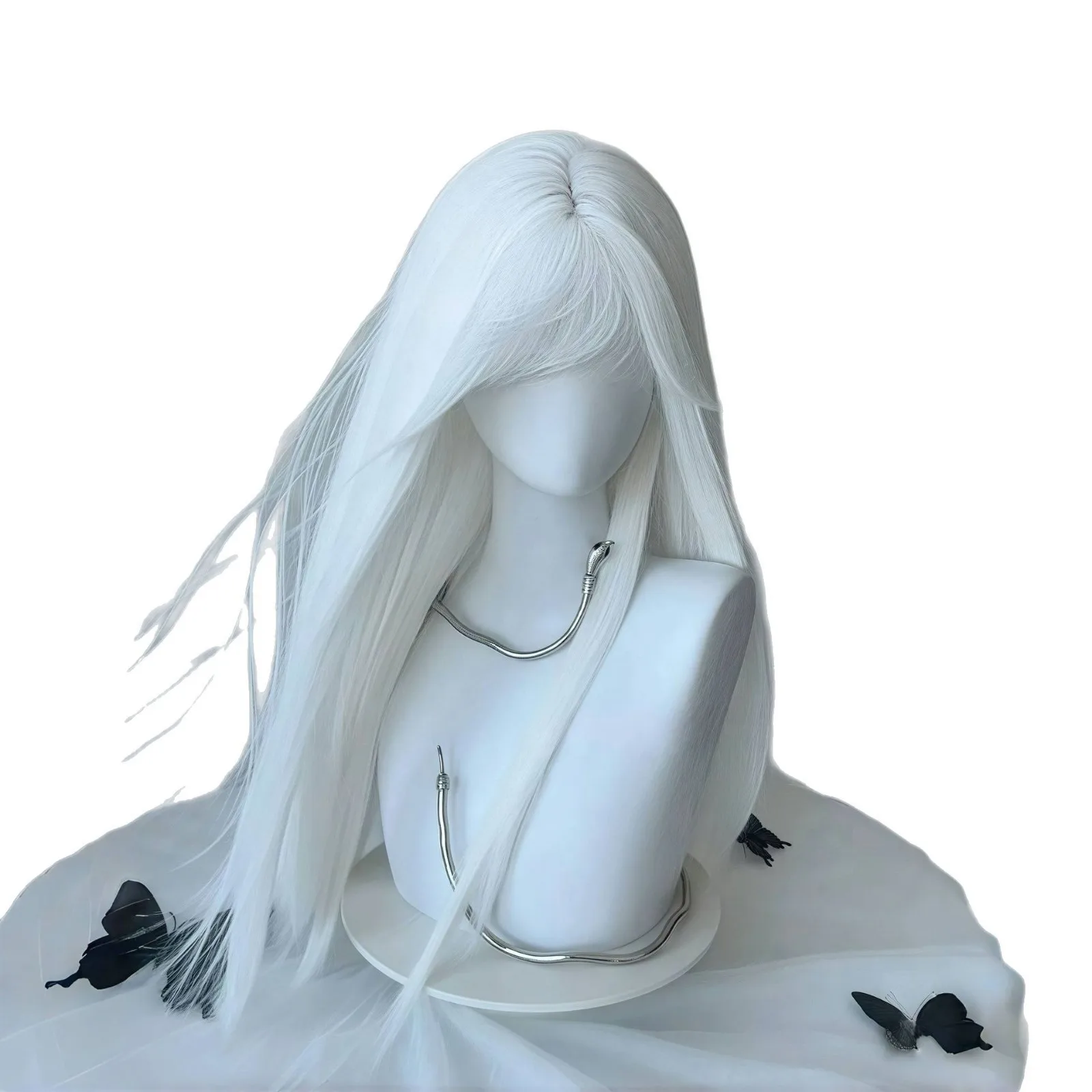 Peluca blanca para mujer, tocado completo Natural, estilo Lolita, pelo largo y liso con flequillo de aire, cara redonda bonita JK de celebridad