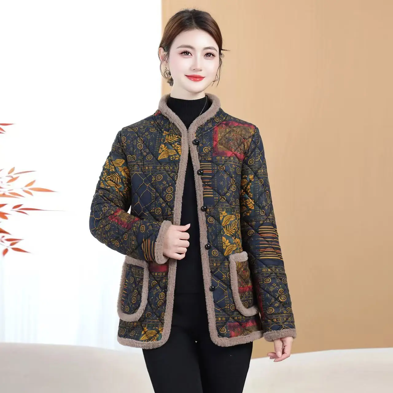 

Теплая хлопковая куртка с флисовой подкладкой и лоскутным узором для женщин среднего и старшего возраста, зимняя повседневная утепленная верхняя одежда