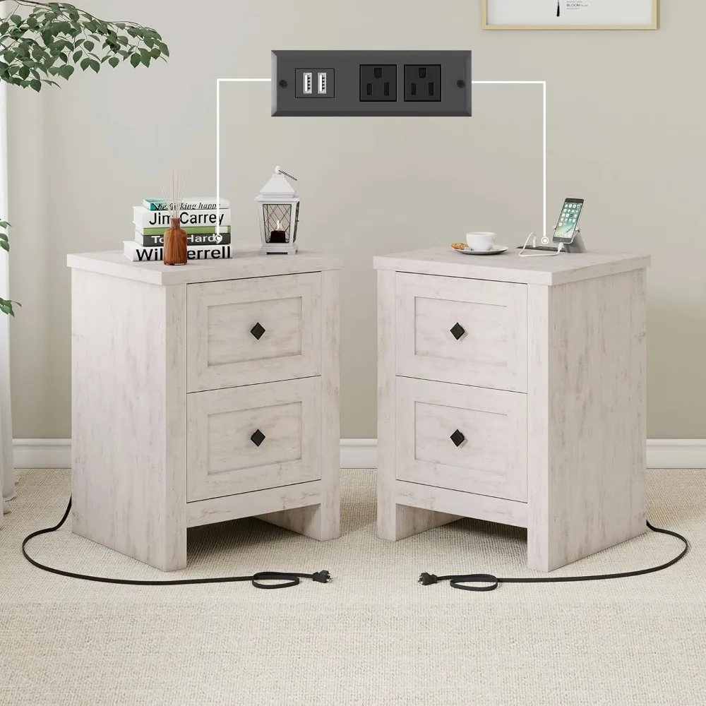 مجموعة منضدة مكونة من قطعتين مع قاعدة شحن، وطاولة نهاية المزرعة مع خزانة تخزين ذات درجين، وطاولة جانبية للأريكة الخشبية الريفية لـ B #2