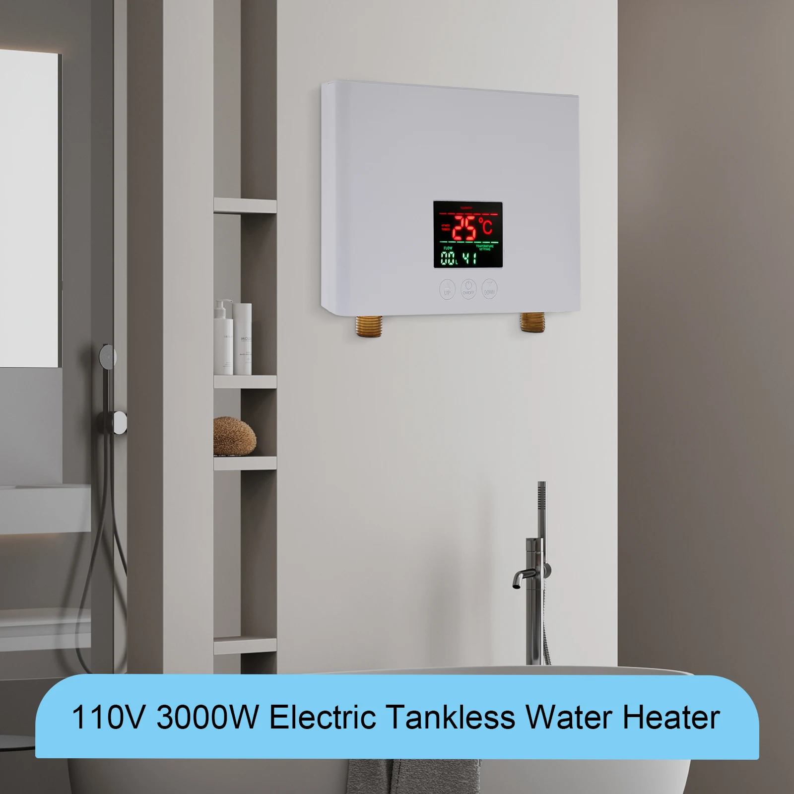 110V Electric Tankless Water Heater Wall-Mounted Instant Hot Water 3000W Under Sink Water Heater 68-126°F with LCD Display