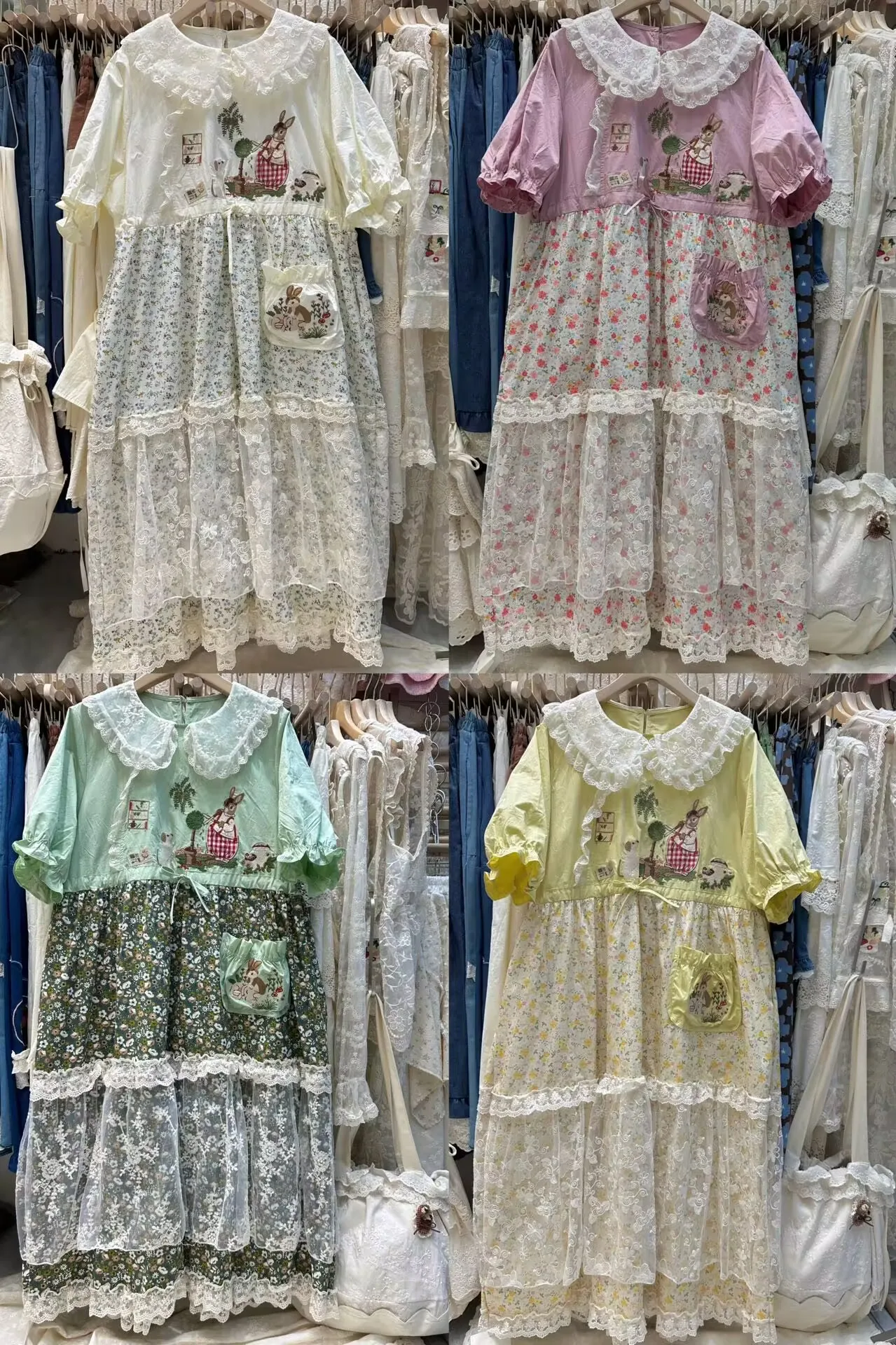 

Women Vintage Embroidery Cotton Rabbit Flower Dress Japanese Mori Girl Peter Pan Collar Kawaii Dress Lace Ruffled Loose Vestido
