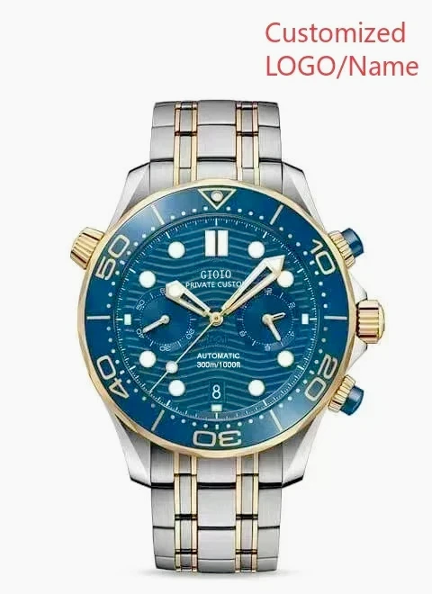 

44mm Mens Quartz Chronograph Watches Rose Gold Polished Stainless Steel Case Black Blue Luminous Dial Soft Rubber Strap Sport
