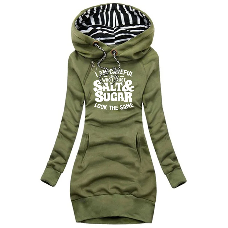 أنا نذر محذر من أن أثق بالملح والسكر تبدو نفس الطباعة للخريف والشتاء فستان نسائي بقلنسوة