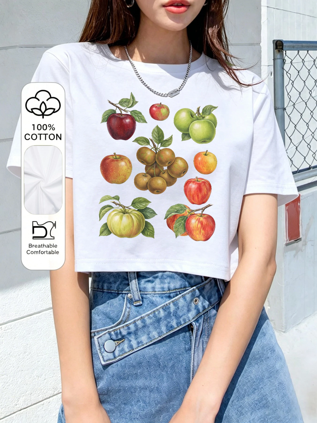 Different Varieties Of Sweet Apples Print Women Crop T-Shirts Casual T Shirt Summer Cotton Clothes Fashion Loose Short Sleeve