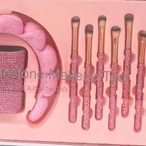 Rhinestone Makeup Brush Kit, Cosmetic Brushes Set with Headband and Eyelash Curler, Multi Color Option