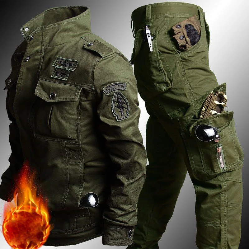 Military Fleece Warm Sets Men Autumn Winter Bomber Jackets+Multi-pocket Cargo Pants 2 Pcs Suits Big Size 6XL Wear-resistant Set