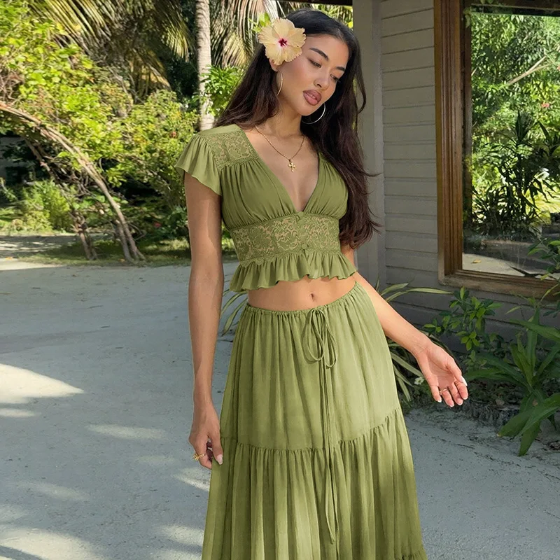 Women's 2-Piece Chiffon Skirt Set: V-Neck Top and Maxi Skirt