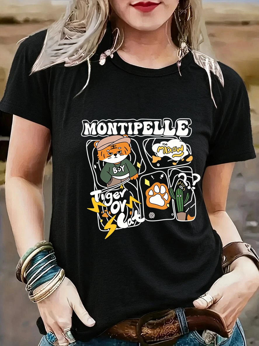 Funny Cat and Cactus Print Short Sleeve T Shirt Women's Graphic Crew Neck Tee Tops Outfit 90s Y2k T-shirt Female Gift Clothes