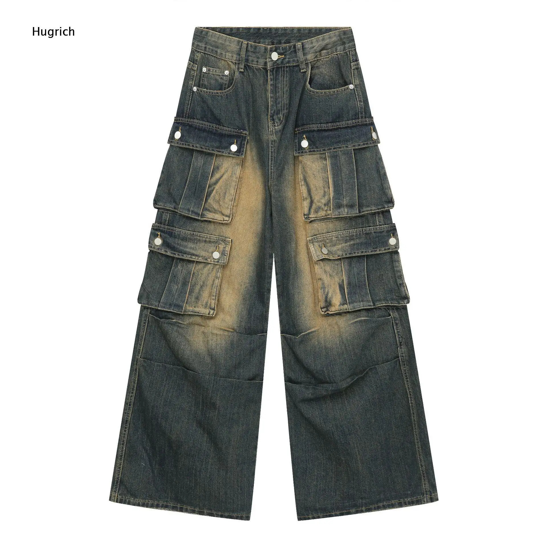 Antique Distressed Oversized Snap Flap Cargo Pockets Loose Baggy Outdoor Daily Work Casual Denim Pants