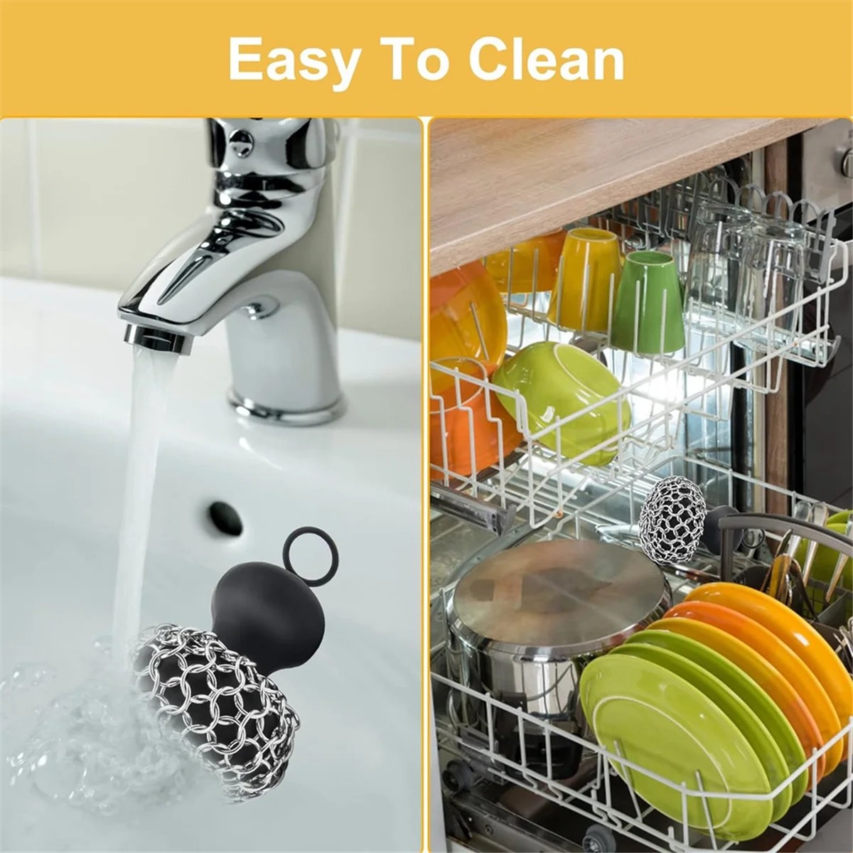 LELE Cast Iron Cleaner Chainmail Scrubber, Upgraded Handle Cast Iron Scrubber Brush 316 Chain Mail Scrubber