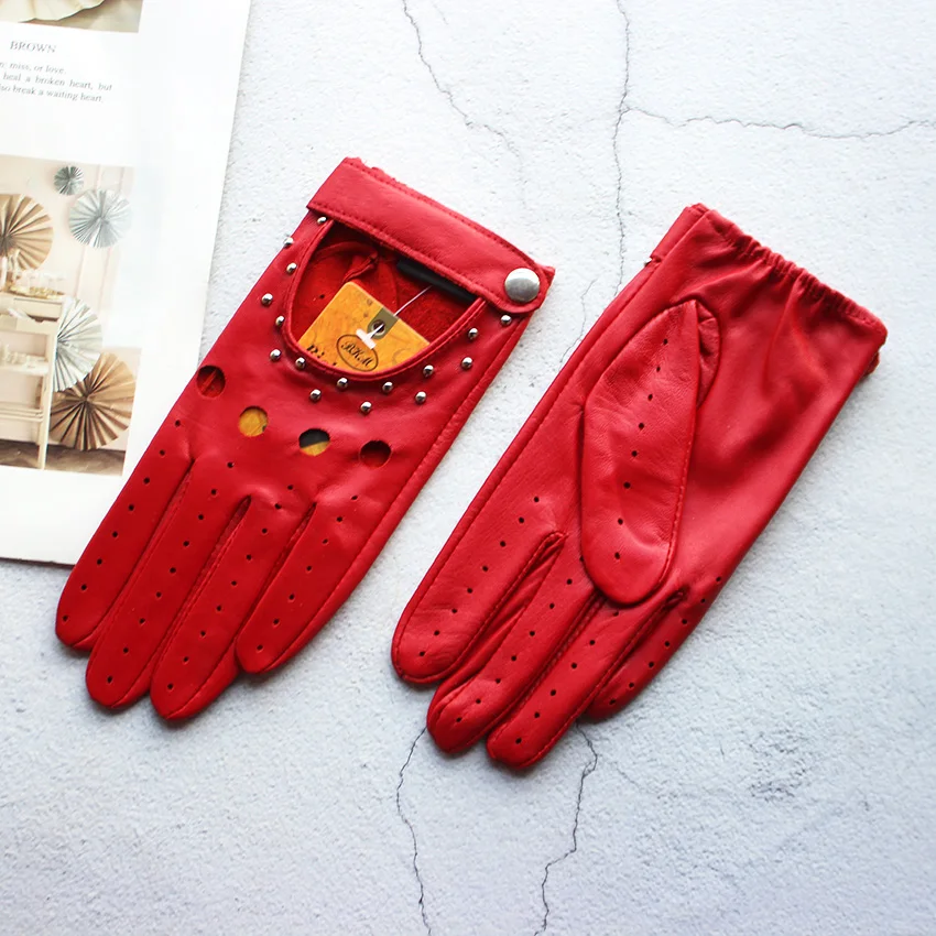 Letnie damskie rękawiczki do jazdy samochodem, z prawdziwej skóry owczej, cienkie, bez podszewki, modne rękawice motocyklowe, kolorowe rękawice kierowcy.