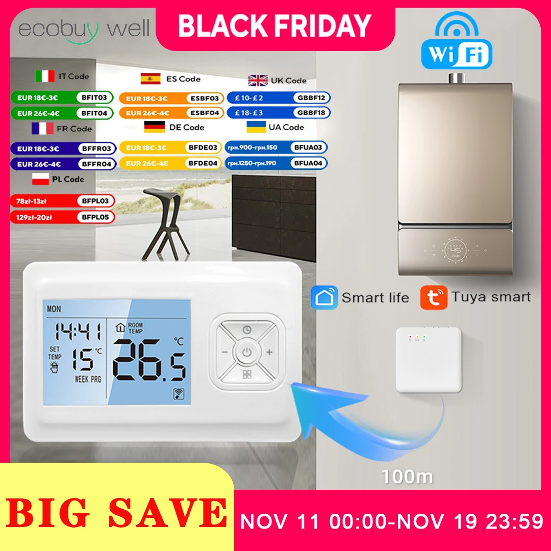 Tuya – Thermostat de chaudière Wifi intelligent, sans fil, pour pièce, chaudière à gaz à piles, chauffage de l'eau, Alexa Google Home