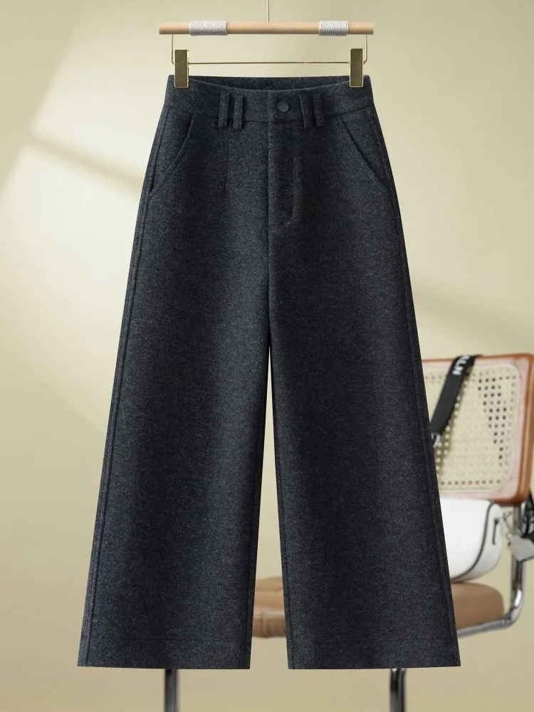 Profundo ey premium lã calças de perna larga feminina outono inverno thi calças de corte reto cintura alta ket detalhe commute sle