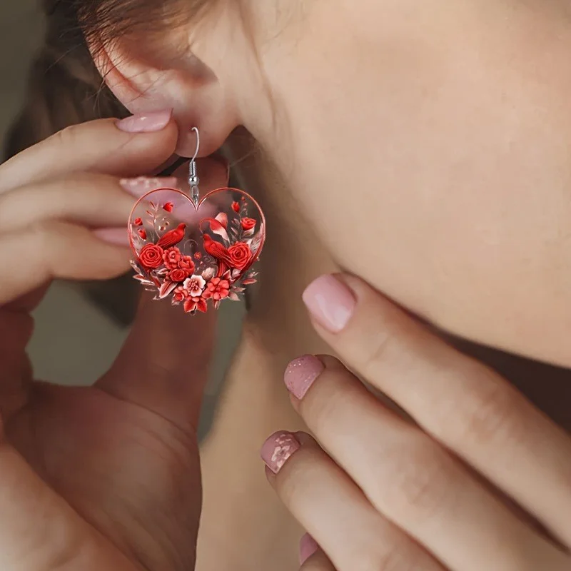 1 pair of elegant Valentine's Day heart-shaped rose bird earrings, acrylic transparent design, especially suitable for holiday p