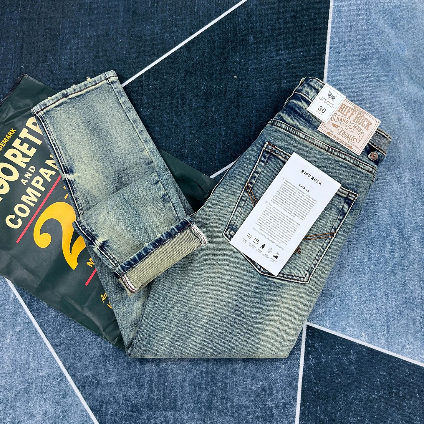 14온스 레트로 청바지 남성용 가을 스트레치 슬림 스트레이트 팬츠 다용도 바지